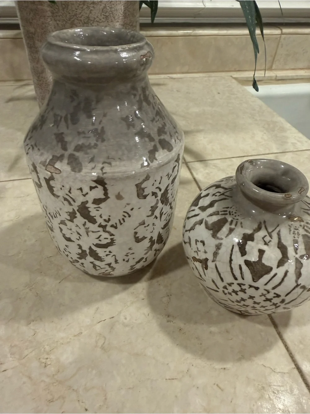 Pottery Barn Gray & White Patterned Ceramic Vase Duo